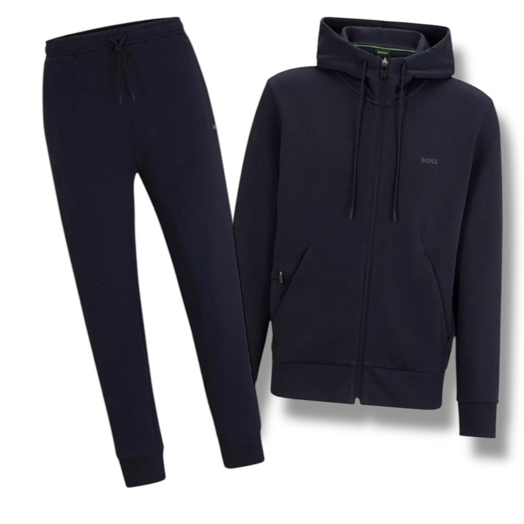 HUGO BOSS CURVED LOGO FULL ZIP HOODED TRACKSUIT NAVY BLUE