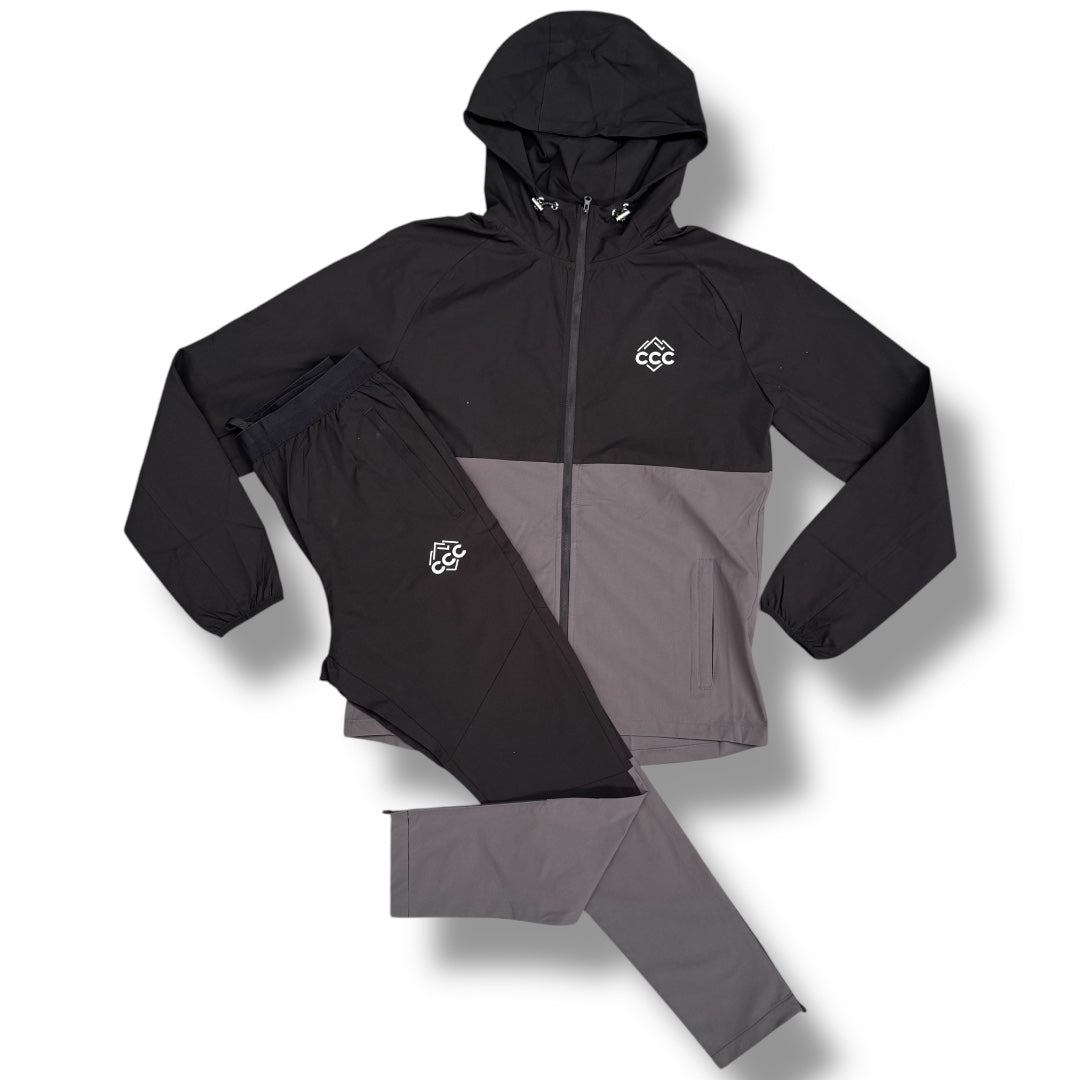 CCC ACTIVEWEAR HOODED FULL TECH TRACKSUIT MOUNTAIN LOGO BLACK / GREY