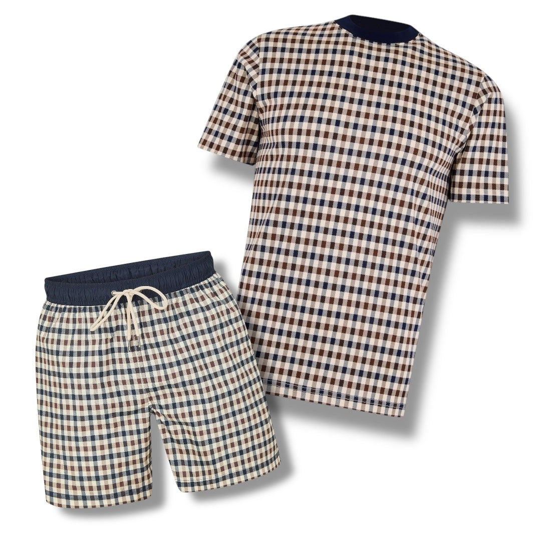 AQUASCUTUM SMALL CHECK T-SHIRT & SWIM SHORTS SET SMALL CHECK BROWN