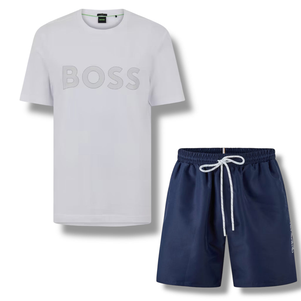 HUGO BOSS CLASSIC LOGO T-SHIRT & SWIM SHORTS SET WHITE & NAVY BLUE