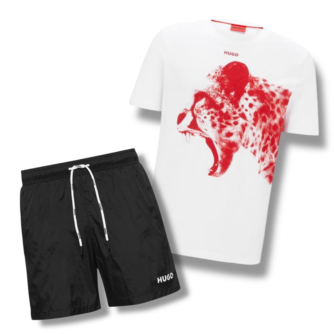 HUGO CHEETAH T-SHIRT & SWIM SHORTS SET WHITE / BLACK