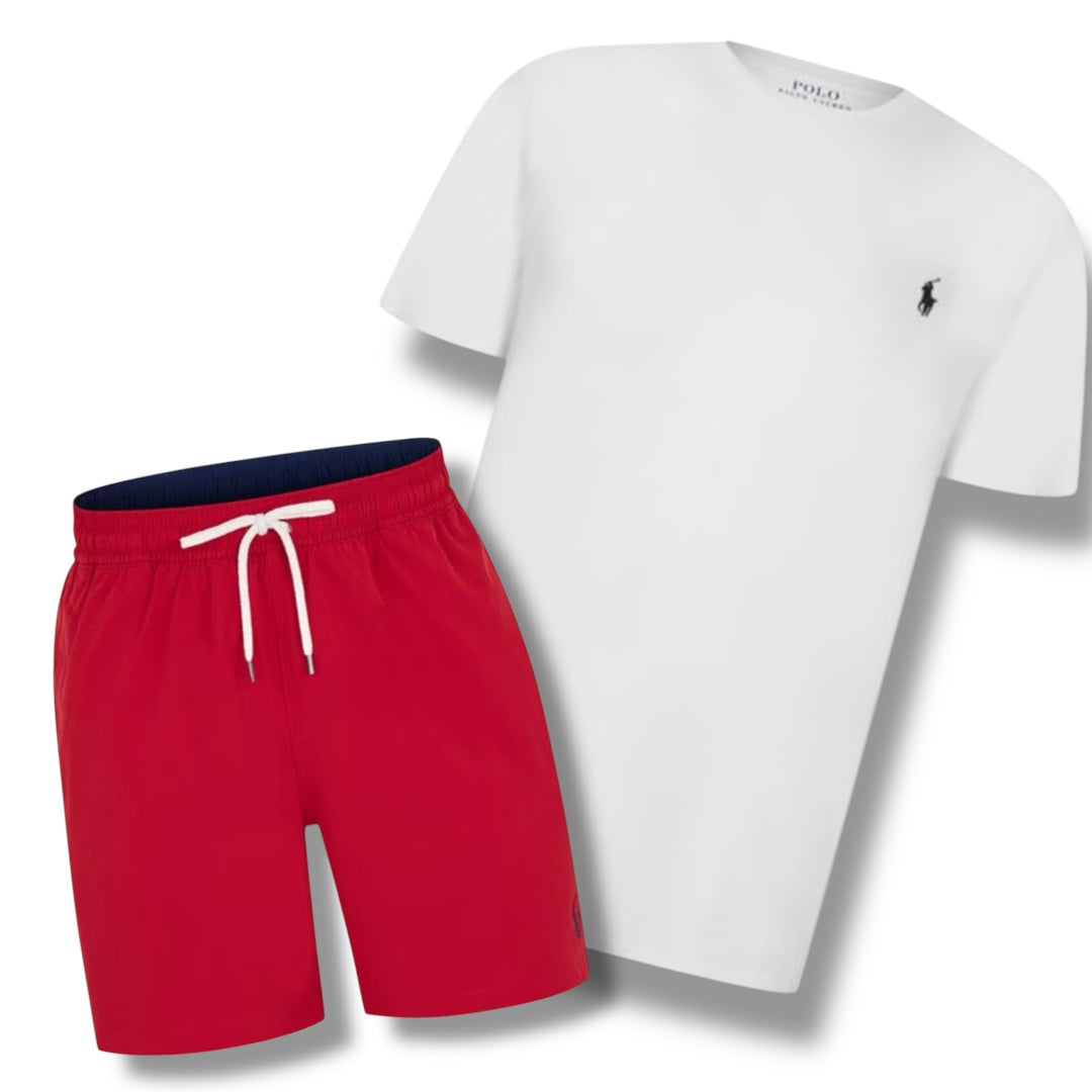 RALPH LAUREN T-SHIRT & SWIM SHORTS COMBO WHITE / RED