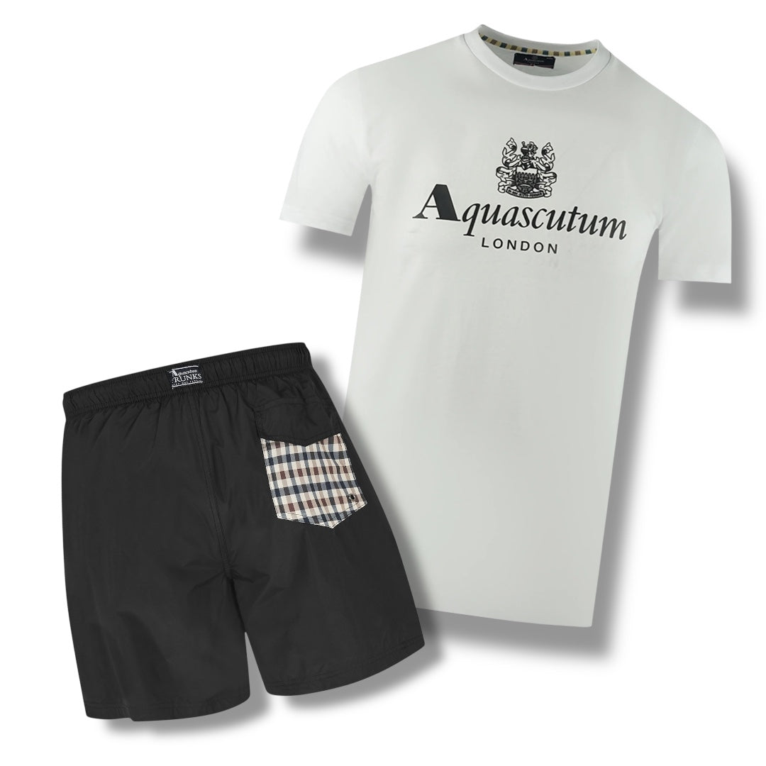 AQUASCUTUM BIG LOGO T-SHIRT & SWIM SHORTS SET BACK POCKET WHITE / BLACK