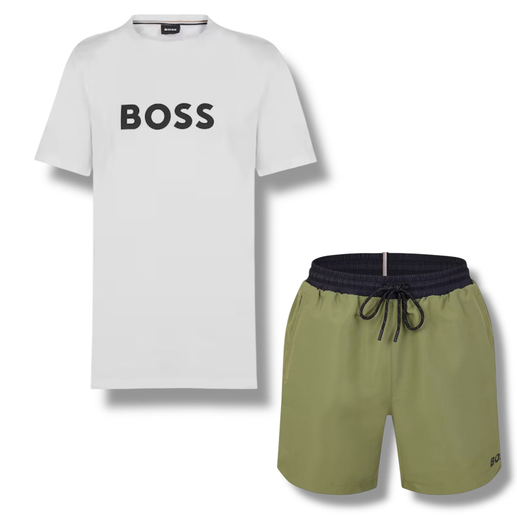 HUGO BOSS BIG LOGO T-SHIRT & SWIM SHORTS COMBO WHITE & GREEN
