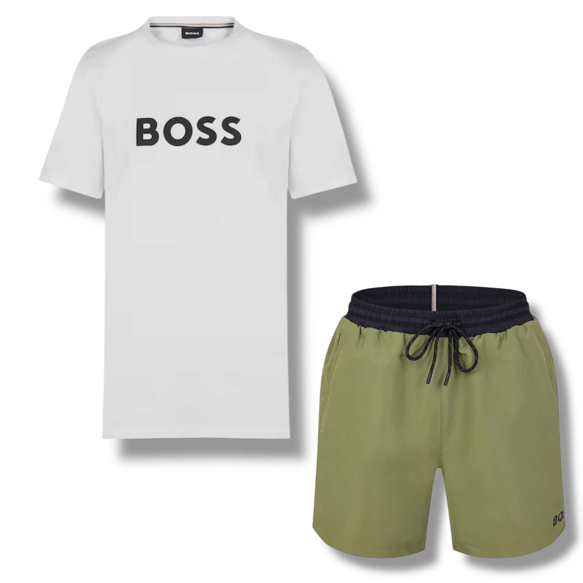 HUGO BOSS BIG LOGO T-SHIRT & SWIM SHORTS COMBO WHITE & GREEN