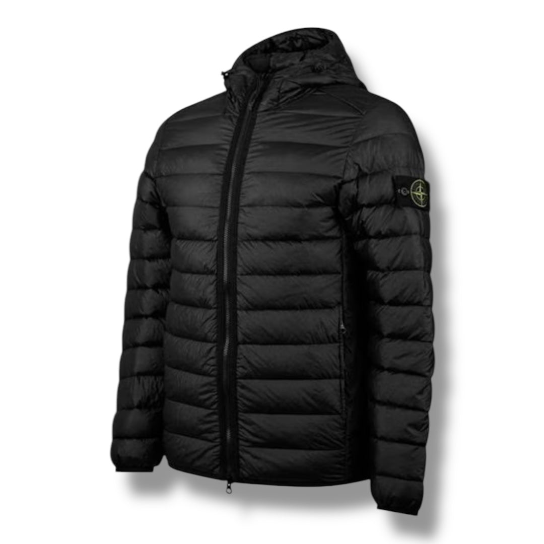 STONE ISLAND LOOM WOVEN HOODED PUFFER JACKET BLACK