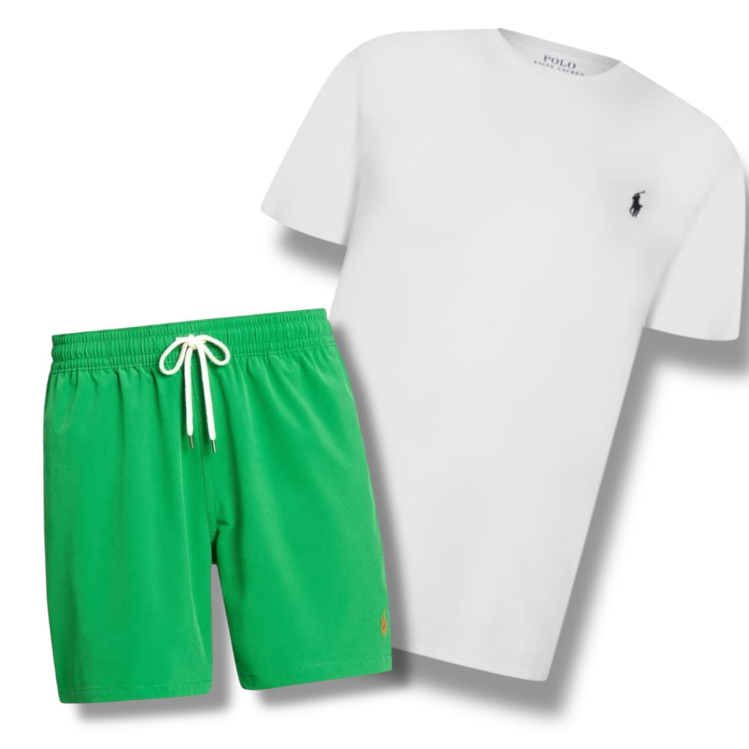 RALPH LAUREN T-SHIRT & SWIM SHORTS COMBO WHITE / GREEN