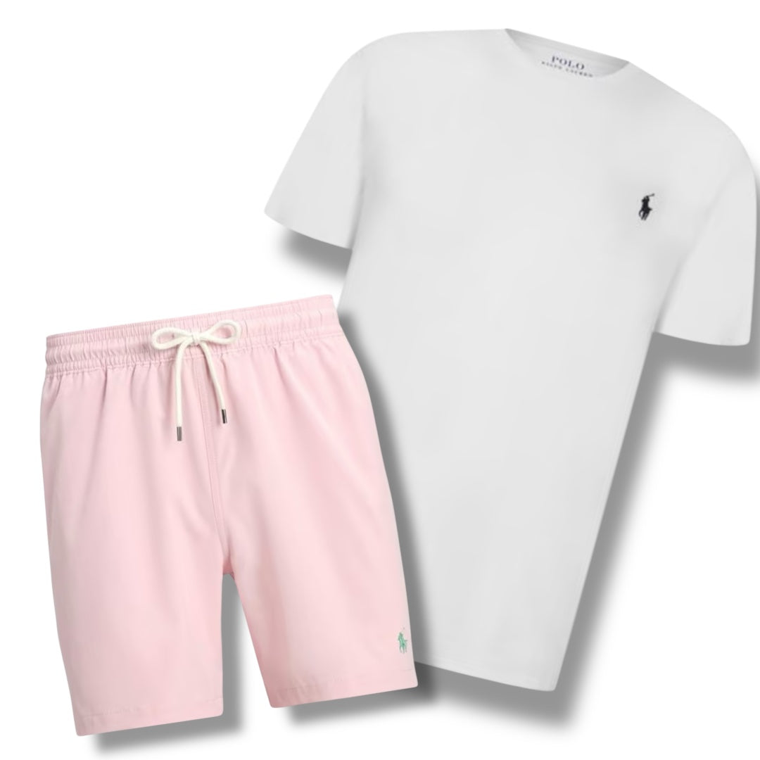 RALPH LAUREN T-SHIRT & SWIM SHORTS COMBO WHITE /  LIGHT PINK