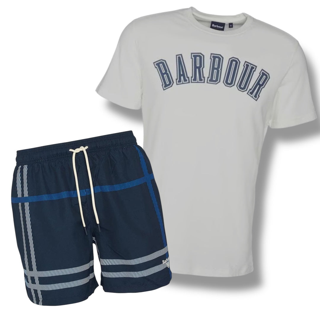 BARBOUR BIG LOGO T-SHIRT & SWIM SHORTS COMBO WHITE - NAVY CHECK