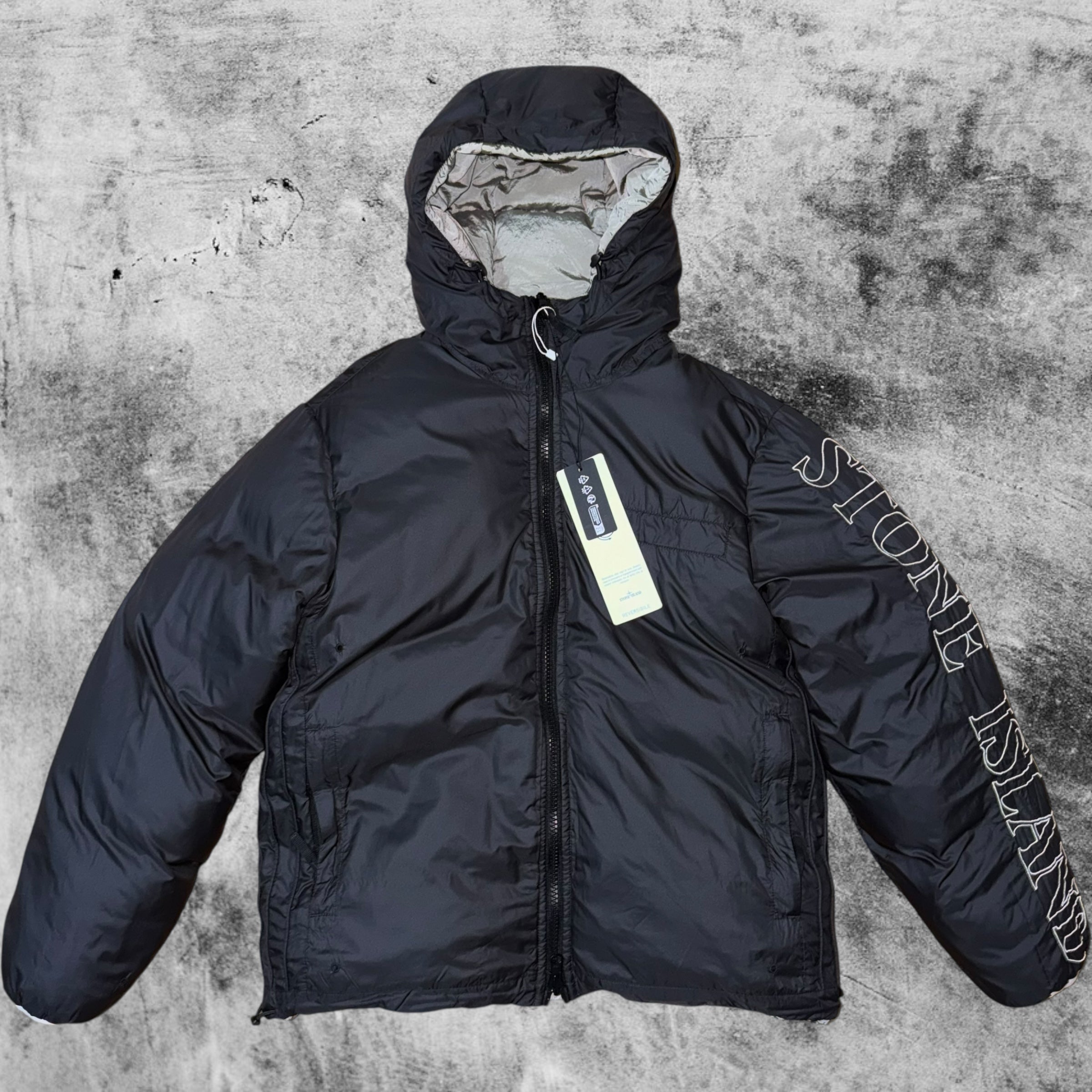 STONE ISLAND NYLON METAL REVERSIBLE HOODED PUFFER JACKET GREY BLACK