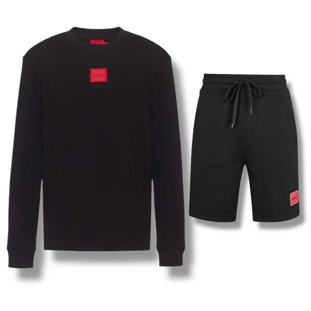 HUGO BOSS HUGO RED PATCH SWEATSHIRT & JERSEY SHORTS SET BLACK