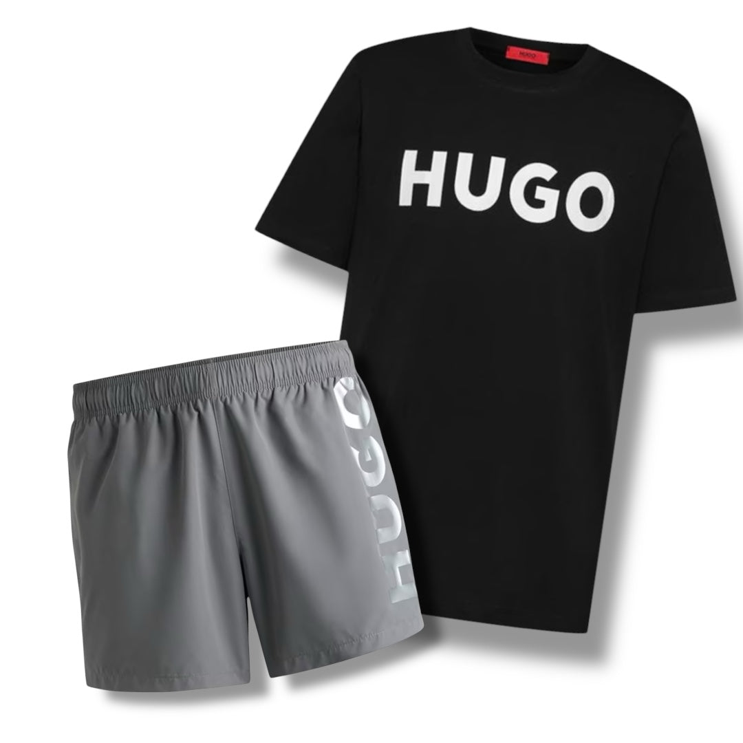 HUGO BIG LOGOT-SHIRT & VERTI SWIM SHORTS COMBO BLACK / GREY