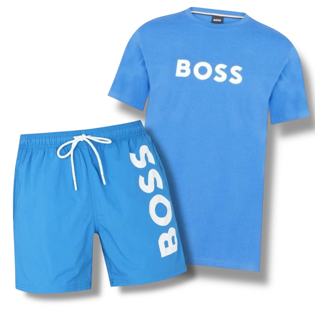 HUGO BOSS BIG LOGO T-SHIRT & VERTI SWIM SHORTS COMBO BLUE