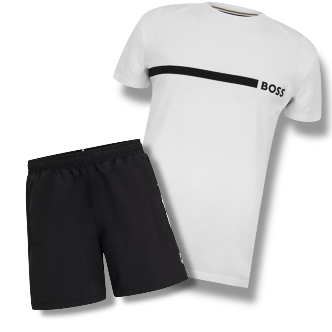 HUGO BOSS TRIM LOGO T-SHIRT & SWIM SHORTS COMBO WHITE / BLACK