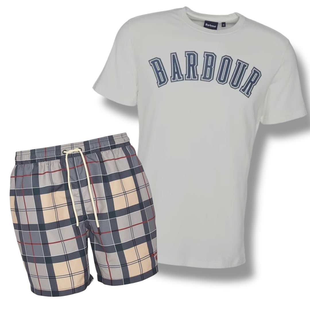 BARBOUR BIG LOGO T-SHIRT & SWIM SHORTS COMBO WHITE -BEIGE CHECK