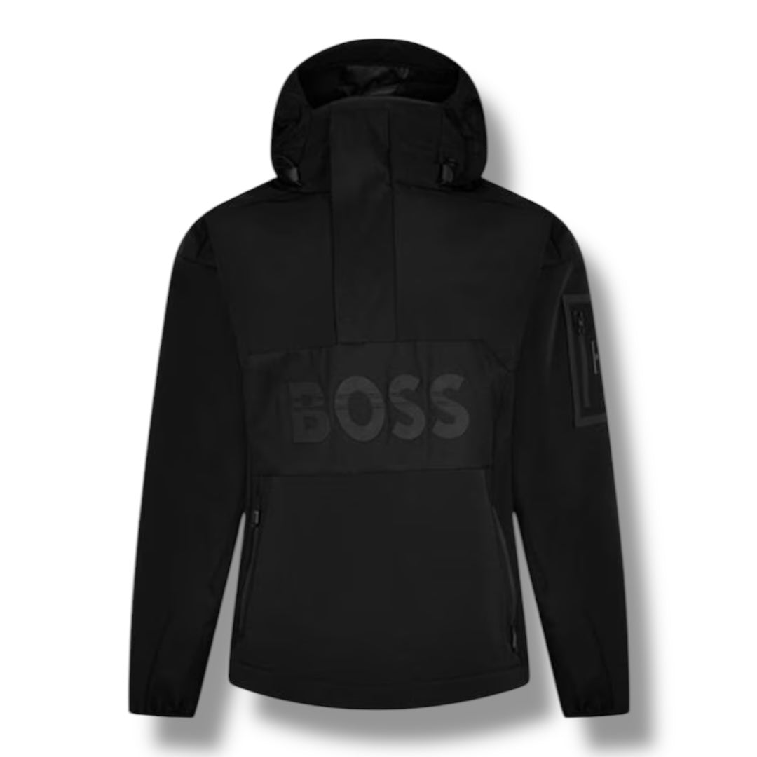 HUGO BOSS 1/4 ZIP TECH LIGHTWEIGHT HOODED WINDBREAKER JACKET BLACK