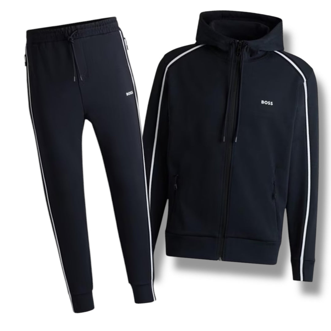 HUGO BOSS TRIM LOGO FULL ZIP HOODED TRACKSUIT NAVY BLUE