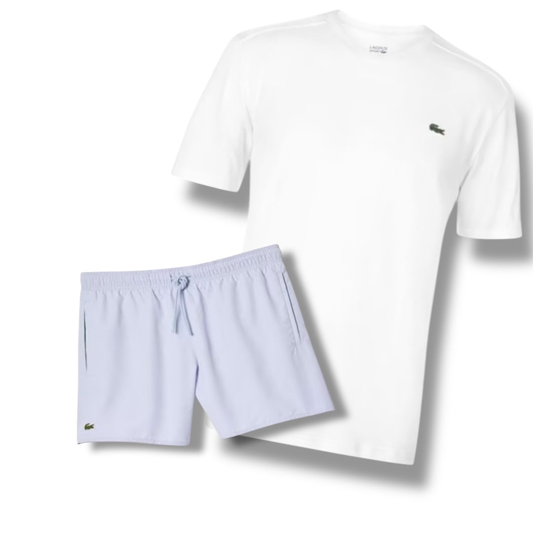 LACOSTE CROC LOGO T-SHIRT & SWIM SHORTS COMBO WHITE / LIGHT BLUE