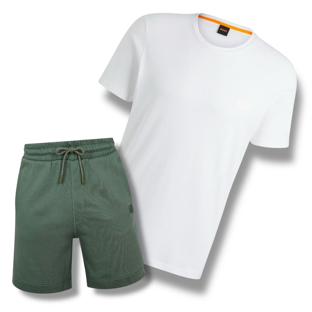 HUGO BOSS PATCH T-SHIRT & JERSEY SHORTS SET WHITE & GREEN