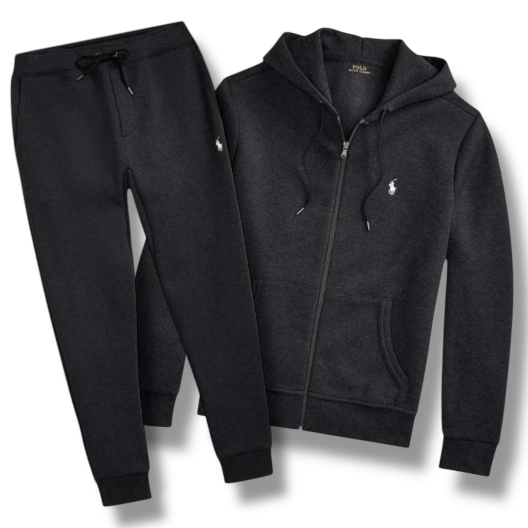 RALPH LAUREN TECH ZIP UP HOODED FULL TRACKSUIT BLACK HEATHER
