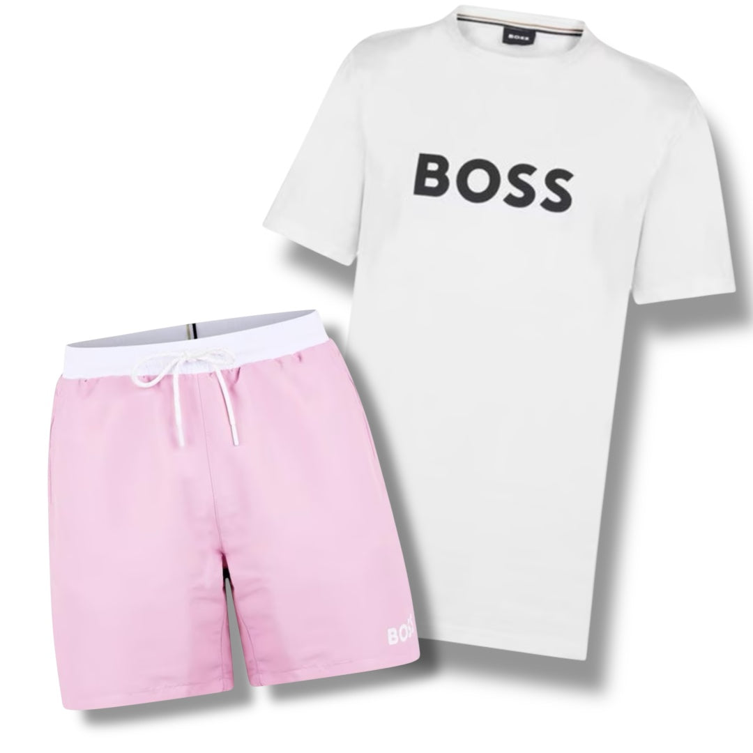 HUGO BOSS BIG LOGO T-SHIRT & SWIM SHORTS COMBO WHITE / PINK
