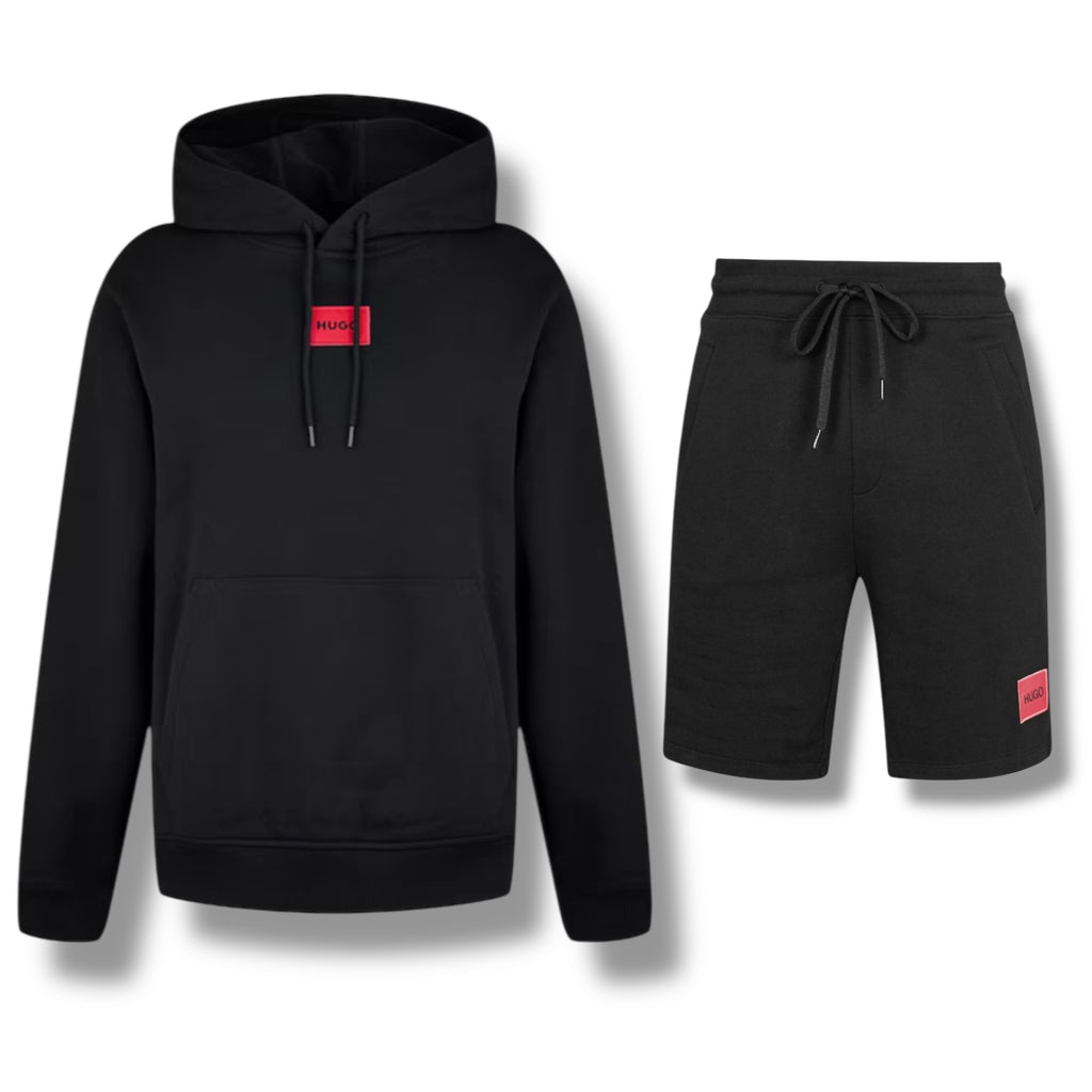 HUGO BOSS HUGO RED PATCH HOODIE & JERSEY SHORTS SET BLACK
