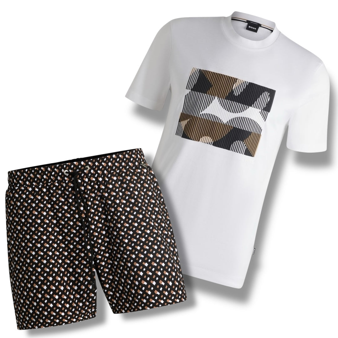 HUGO BOSS TRI STRIPE T-SHIRT & ALL OVER LOGO SWIM SHORTS SET WHITE