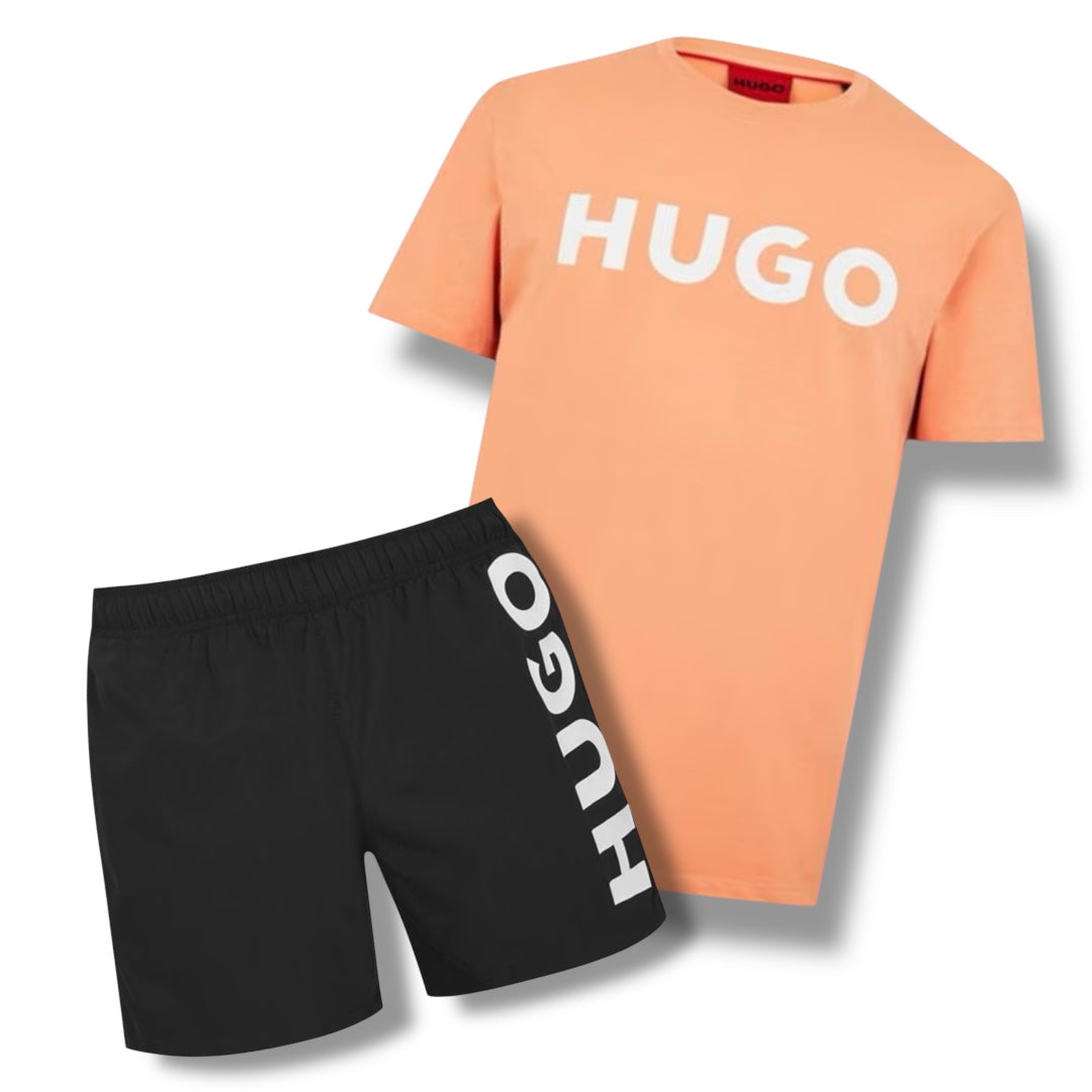 HUGO BIG LOGO T-SHIRT & VERTI SWIM SHORTS COMBO ORANGE / BLACK