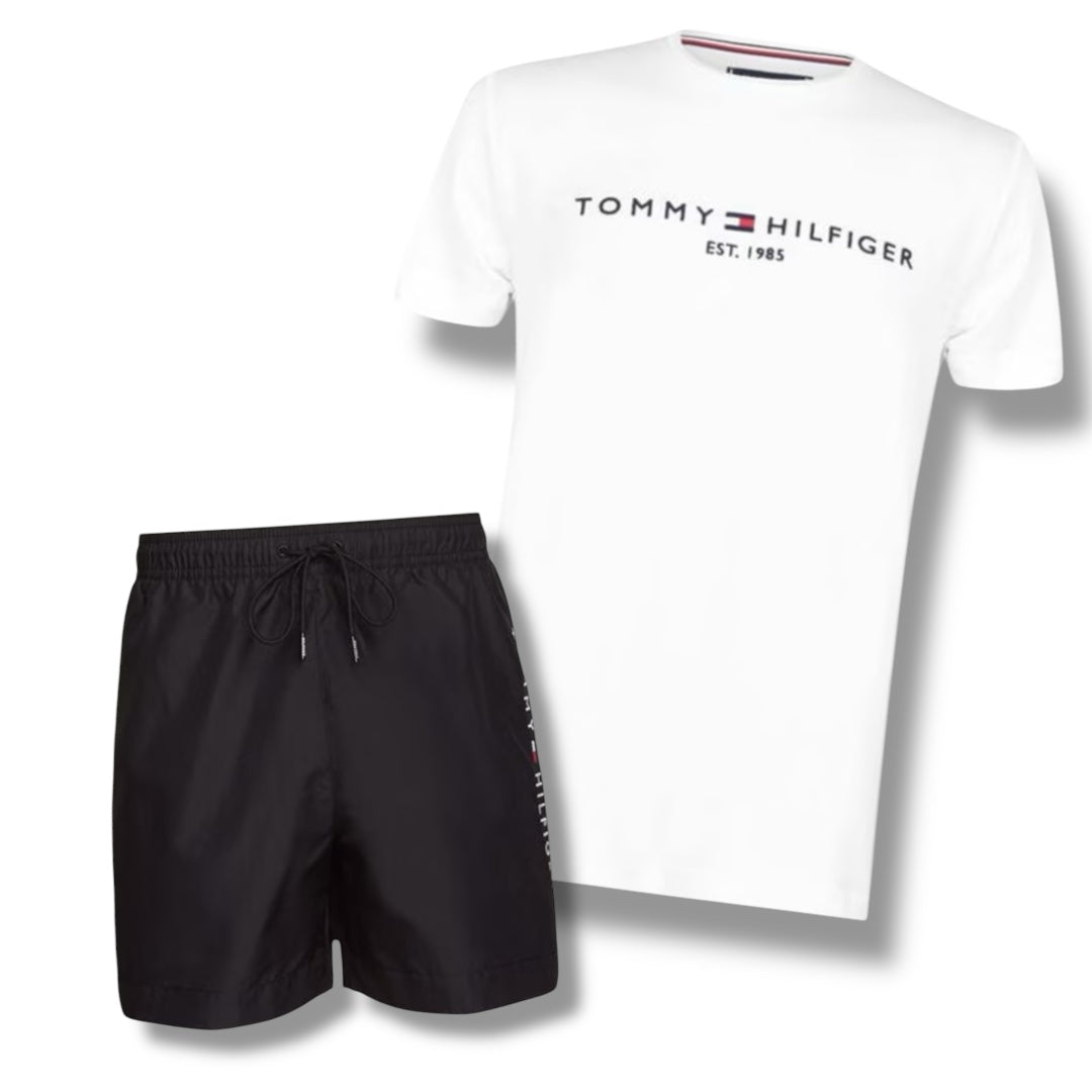 TOMMY HILFIGER EMBROIDERED LOGO T-SHIRT & SWIM SHORTS COMBO WHITE / BLACK