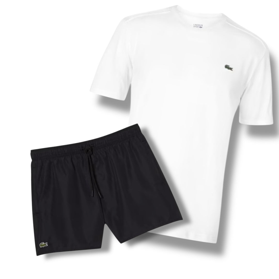 LACOSTE CROC LOGO T-SHIRT & SWIM SHORTS COMBO WHITE / BLACK