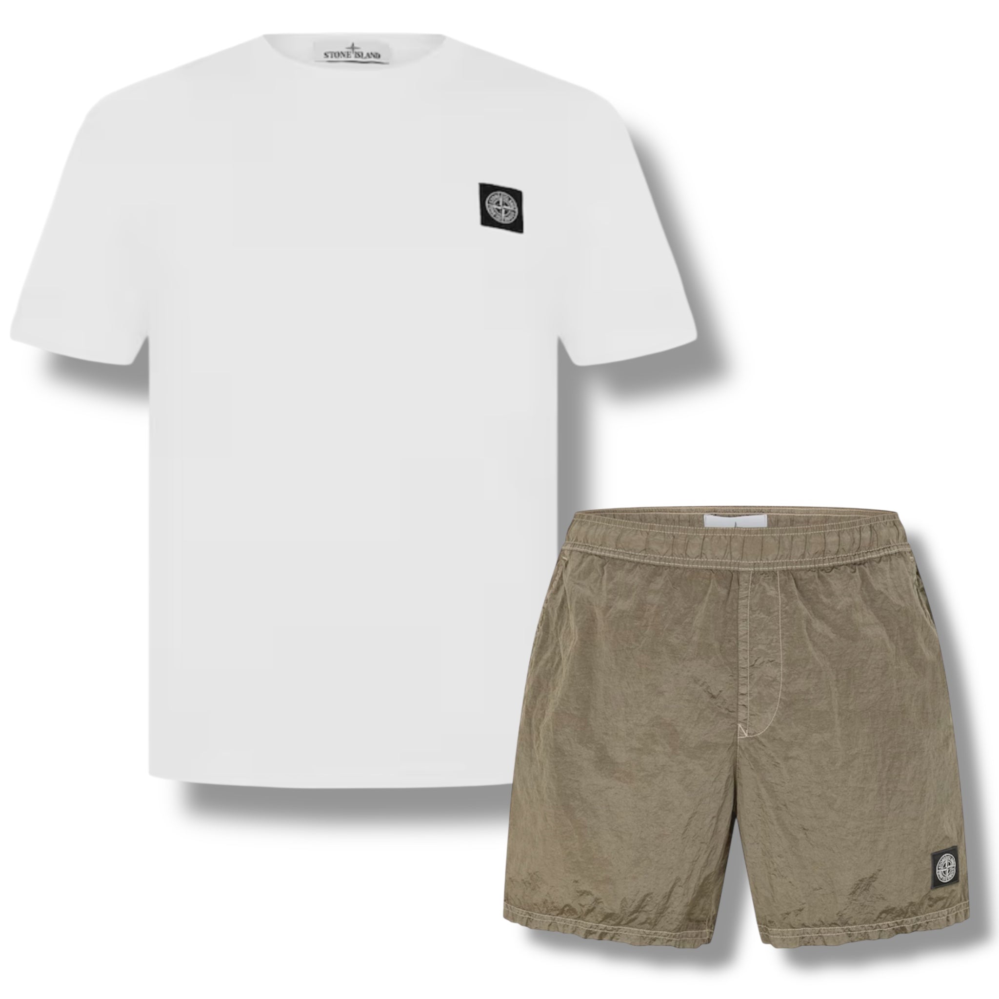 STONE ISLAND PATCH LOGO T-SHIRT & NYLON METAL SWIM SHORTS COMBO WHITE / ARMY GREEN