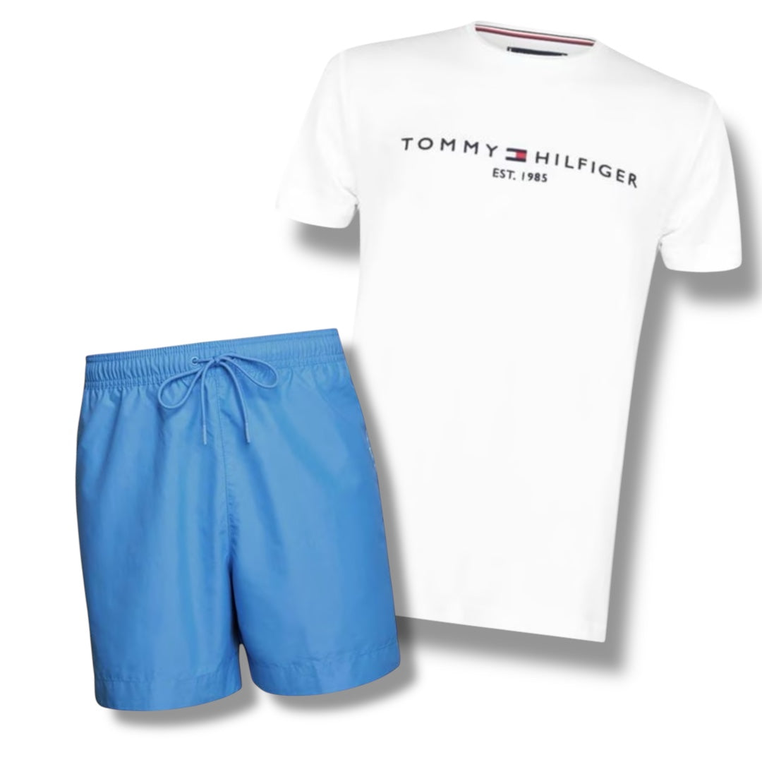 TOMMY HILFIGER EMBROIDERED LOGO T-SHIRT & SWIM SHORTS COMBO WHITE / BLUE