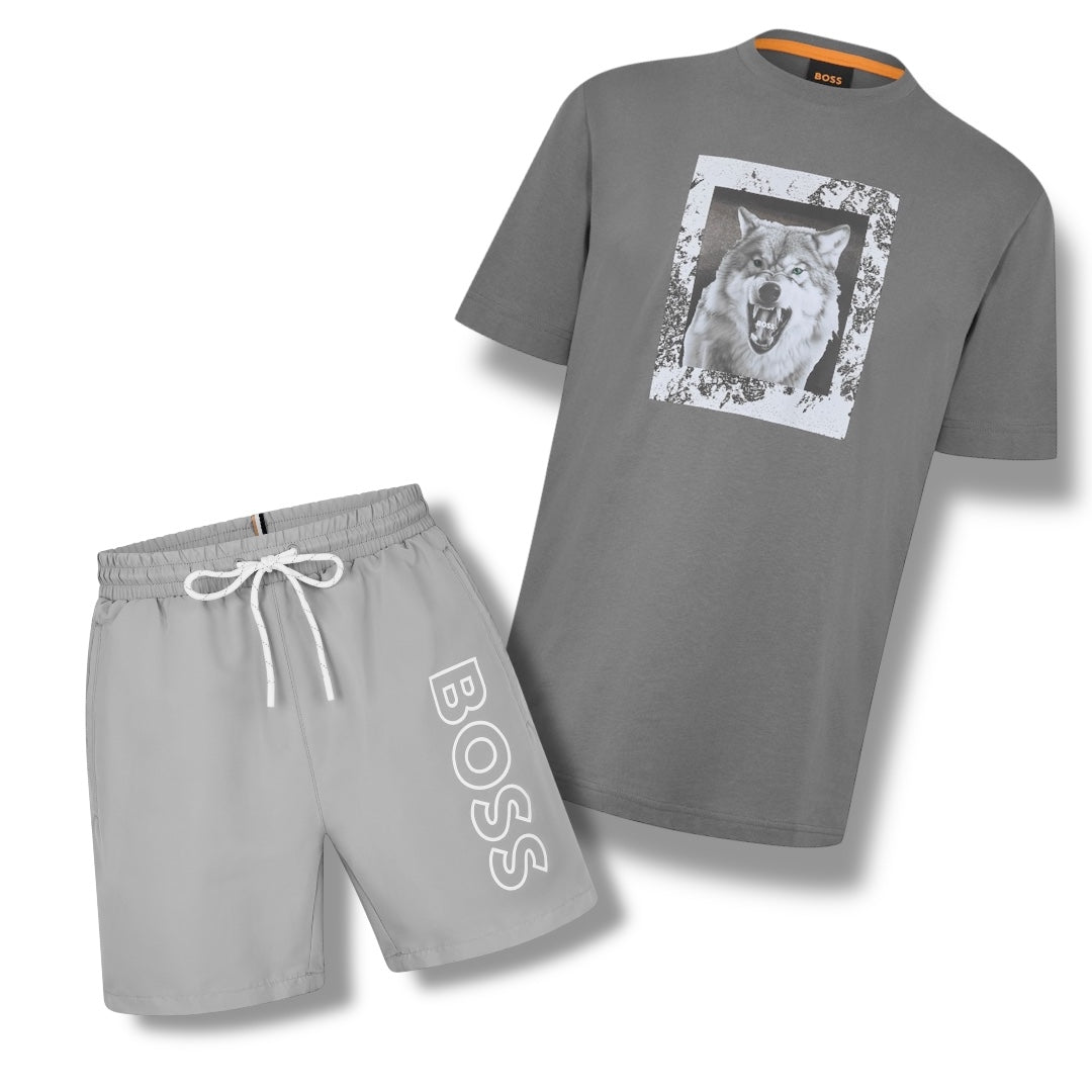 HUGO BOSS WOLF LOGO T-SHIRT & VERTI SWIM SHORTS SET GREY