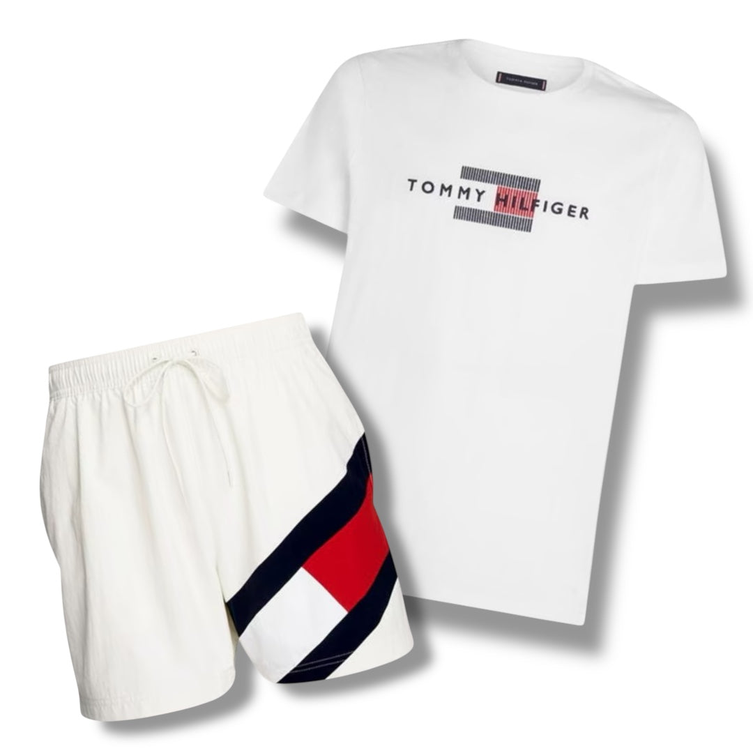 TOMMY HILFIGER FLAG LOGO T-SHIRT & SWIM SHORTS COMBO WHITE