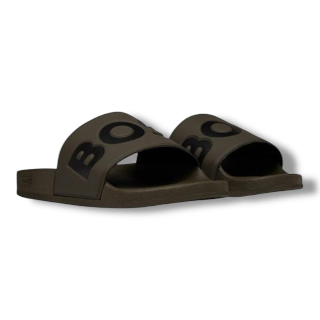 HUGO BOSS LOGO POOL SLIDERS KHAKI GREEN