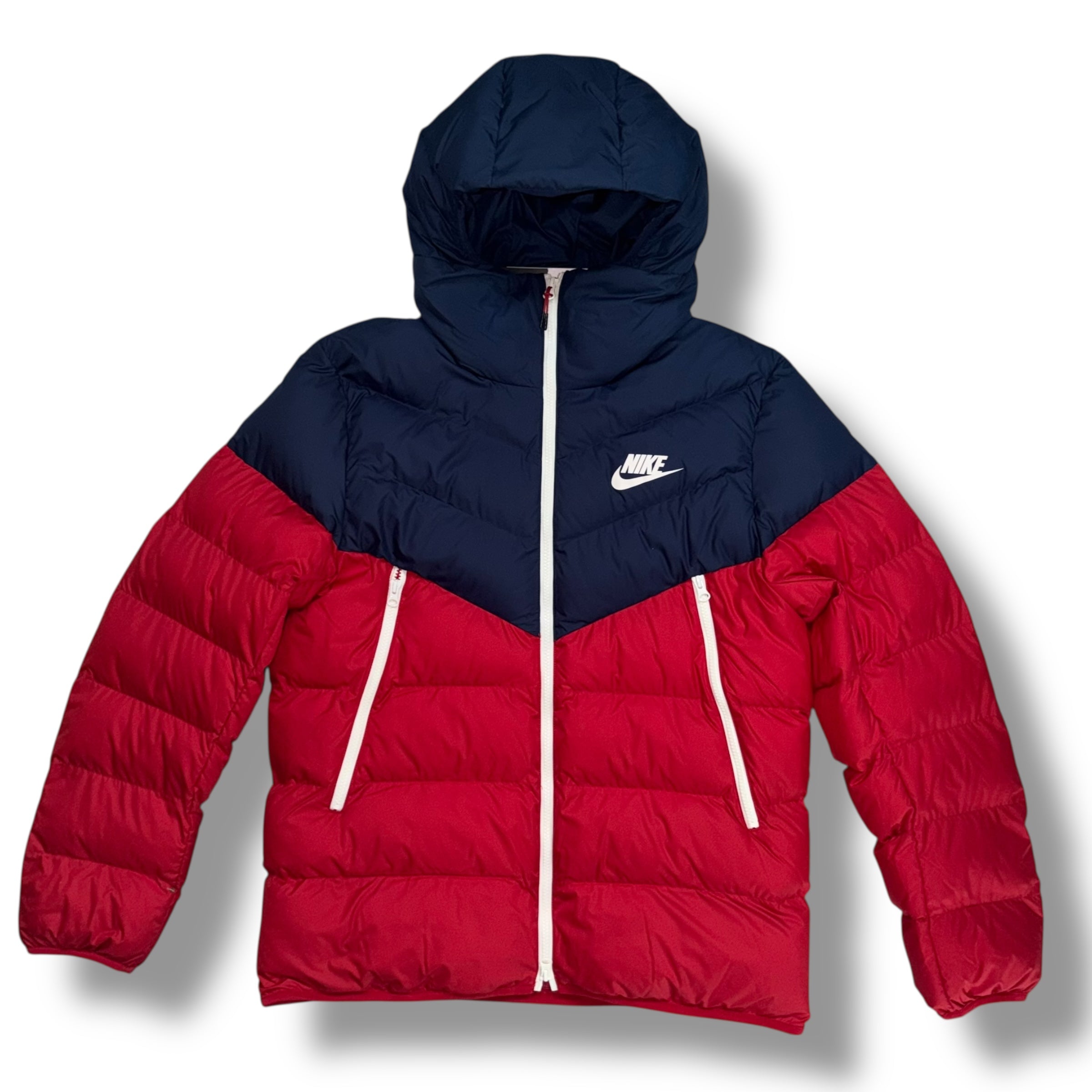 NIKE PRIMALOFT HOODED PUFFER JACKET RED & NAVY BLUE