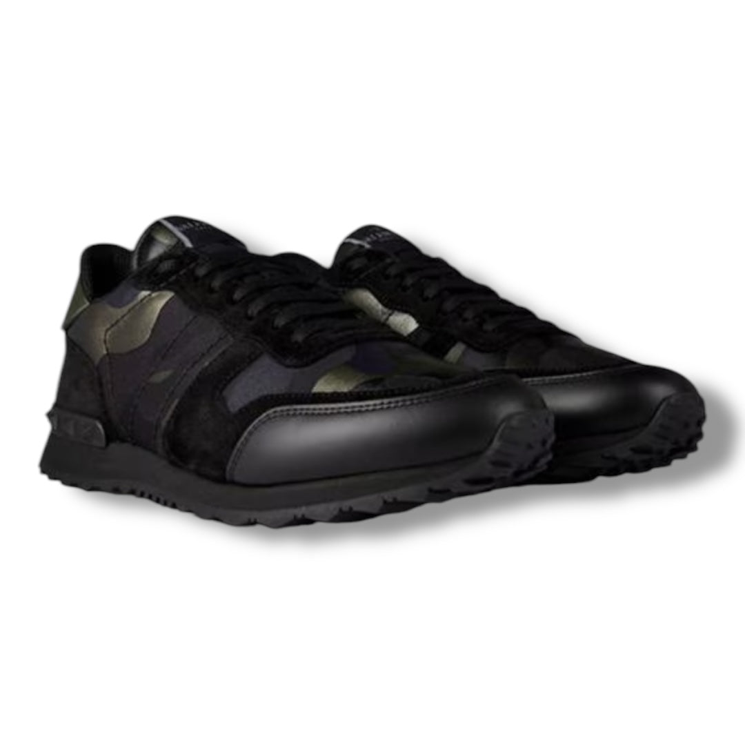 VALENTINO ROCKRUNNER STUD TRAINERS BLACK METALLIC CAMO