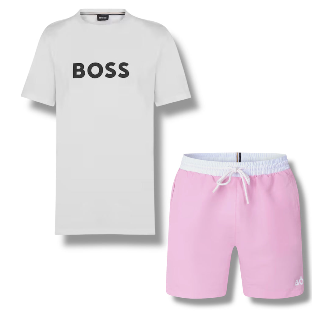 HUGO BOSS BIG LOGO T-SHIRT & SWIM SHORTS COMBO WHITE & PINK
