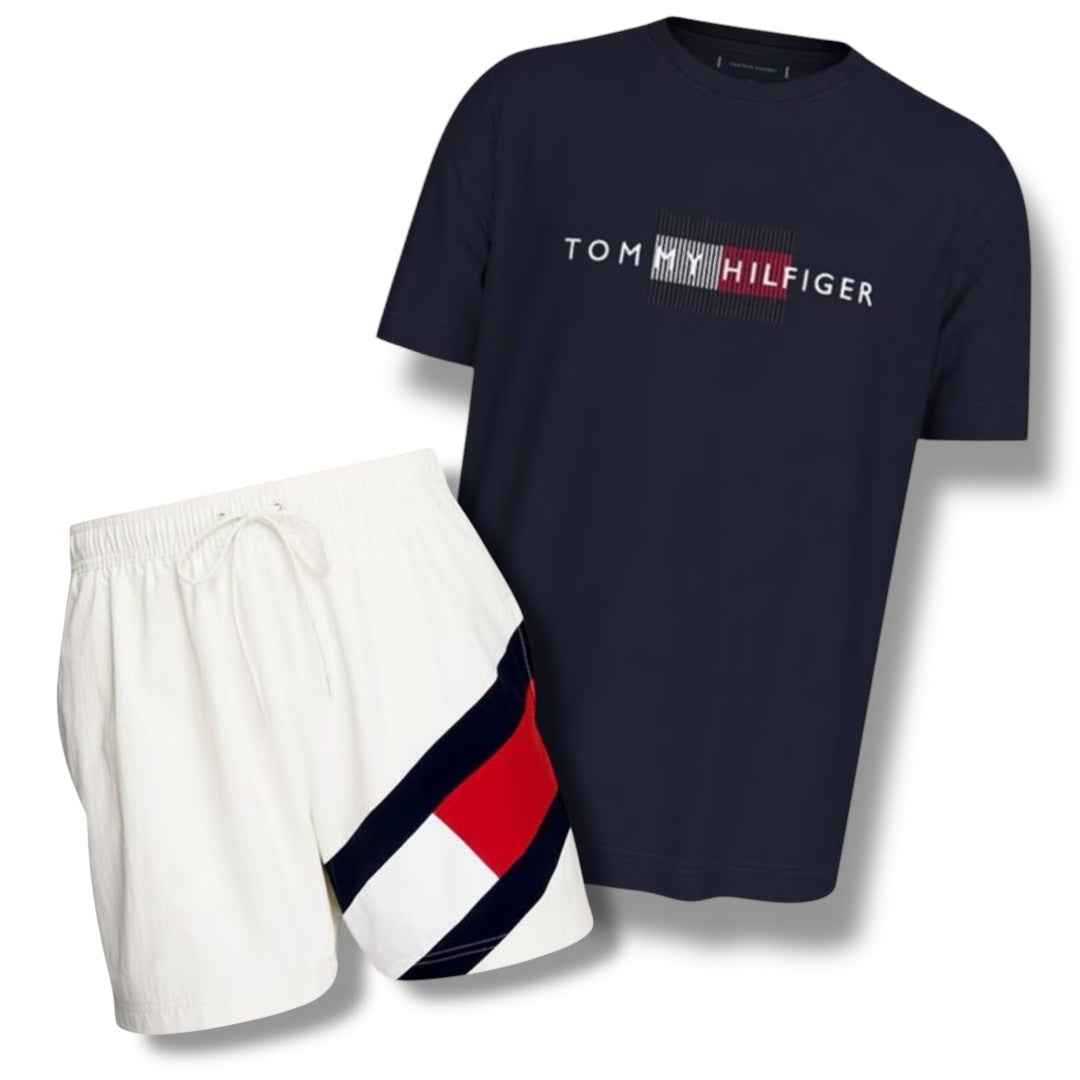 TOMMY HILFIGER FLAG LOGO T-SHIRT & SWIM SHORTS COMBO NAVY / WHITE