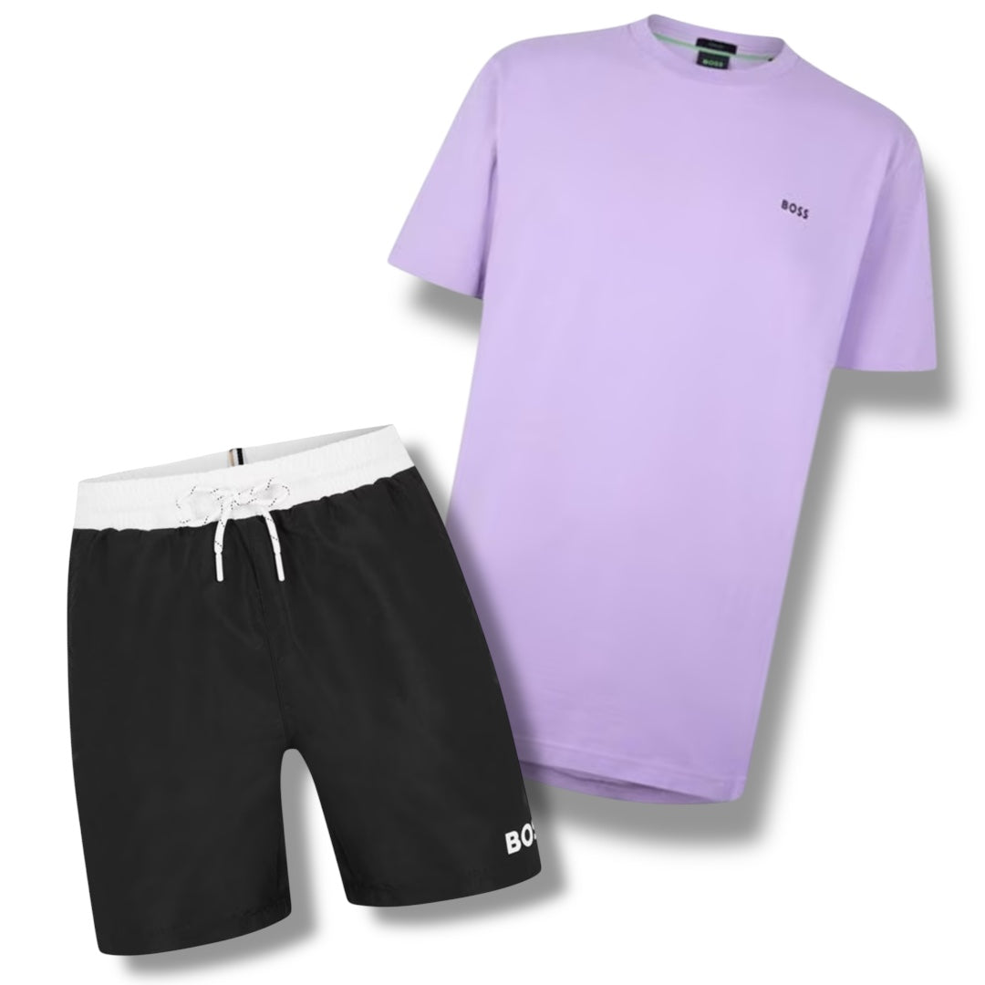 HUGO BOSS SMALL LOGO T-SHIRT & SWIM SHORTS COMBO PURPLE / BLACK