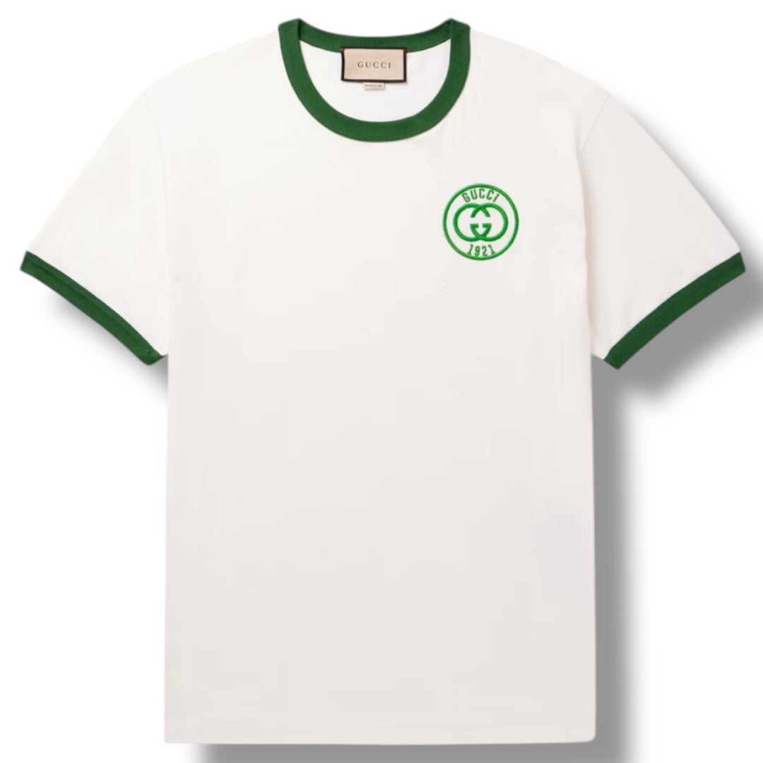 GUCCI 1921 EMBROIDERED CHEST LOGO T-SHIRT BEIGE