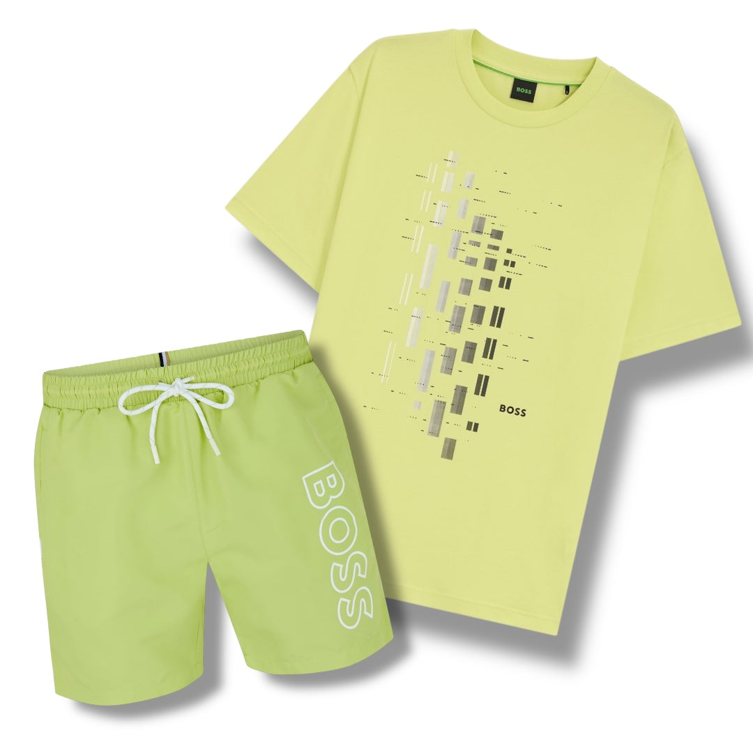 HUGO BOSS GEO LOGO T-SHIRT & VERTI SWIM SHORTS SET LIME GREEN