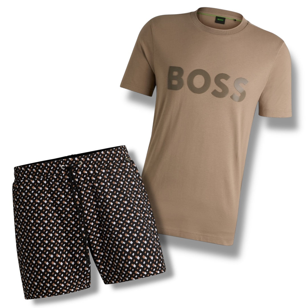 HUGO BOSS MIRROR T-SHIRT & ALL OVER LOGO SWIM SHORTS SET BROWN & BLACK