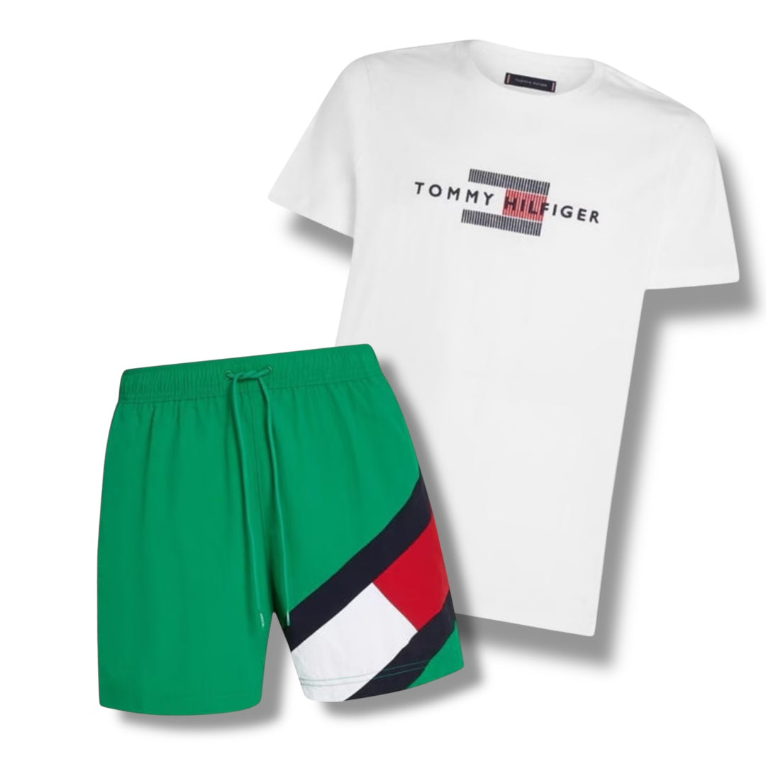 TOMMY HILFIGER FLAG LOGO T-SHIRT & SWIM SHORTS COMBO WHITE / GREEN