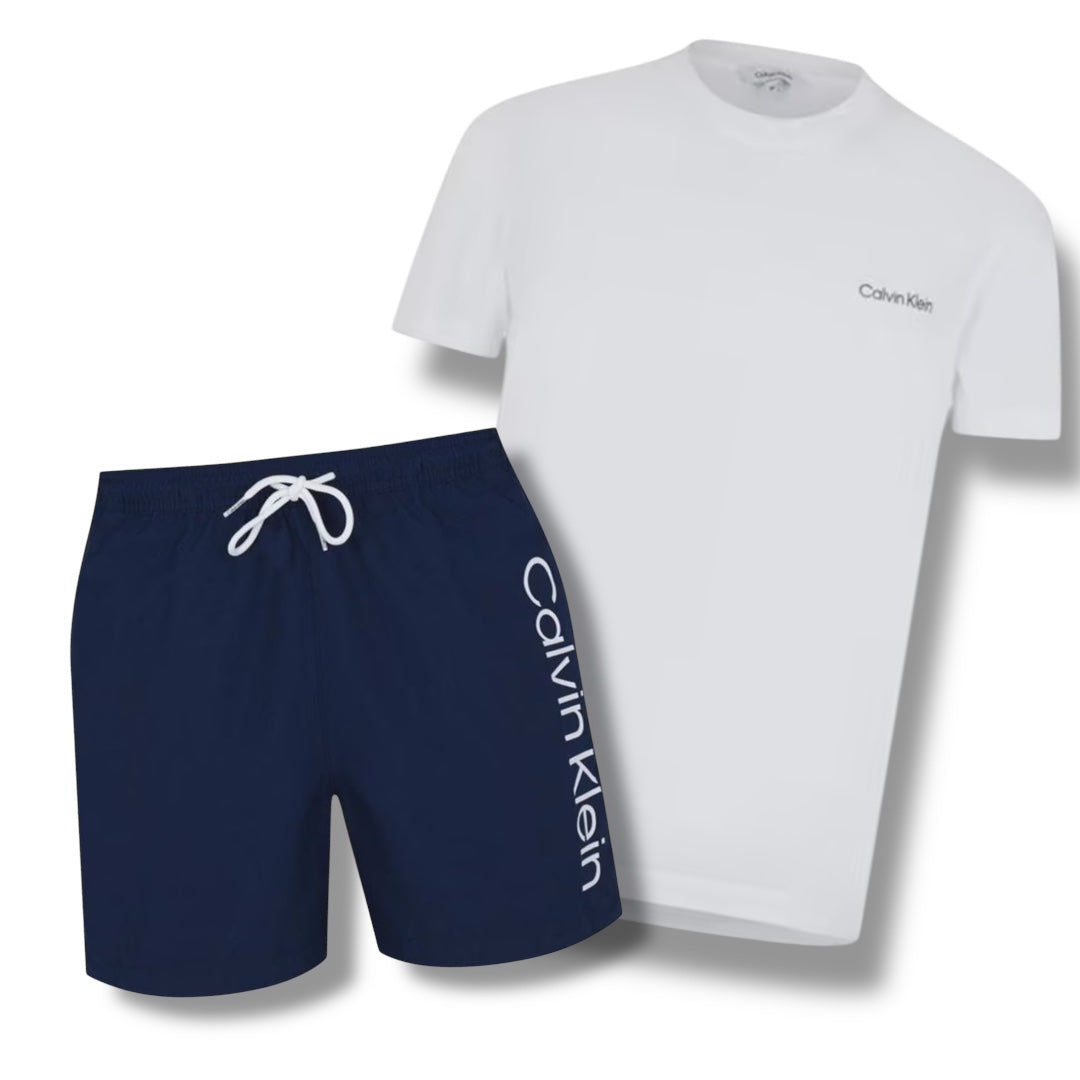 CALVIN KLEIN T-SHIRT & SWIM SHORTS COMBO WHITE / NAVY