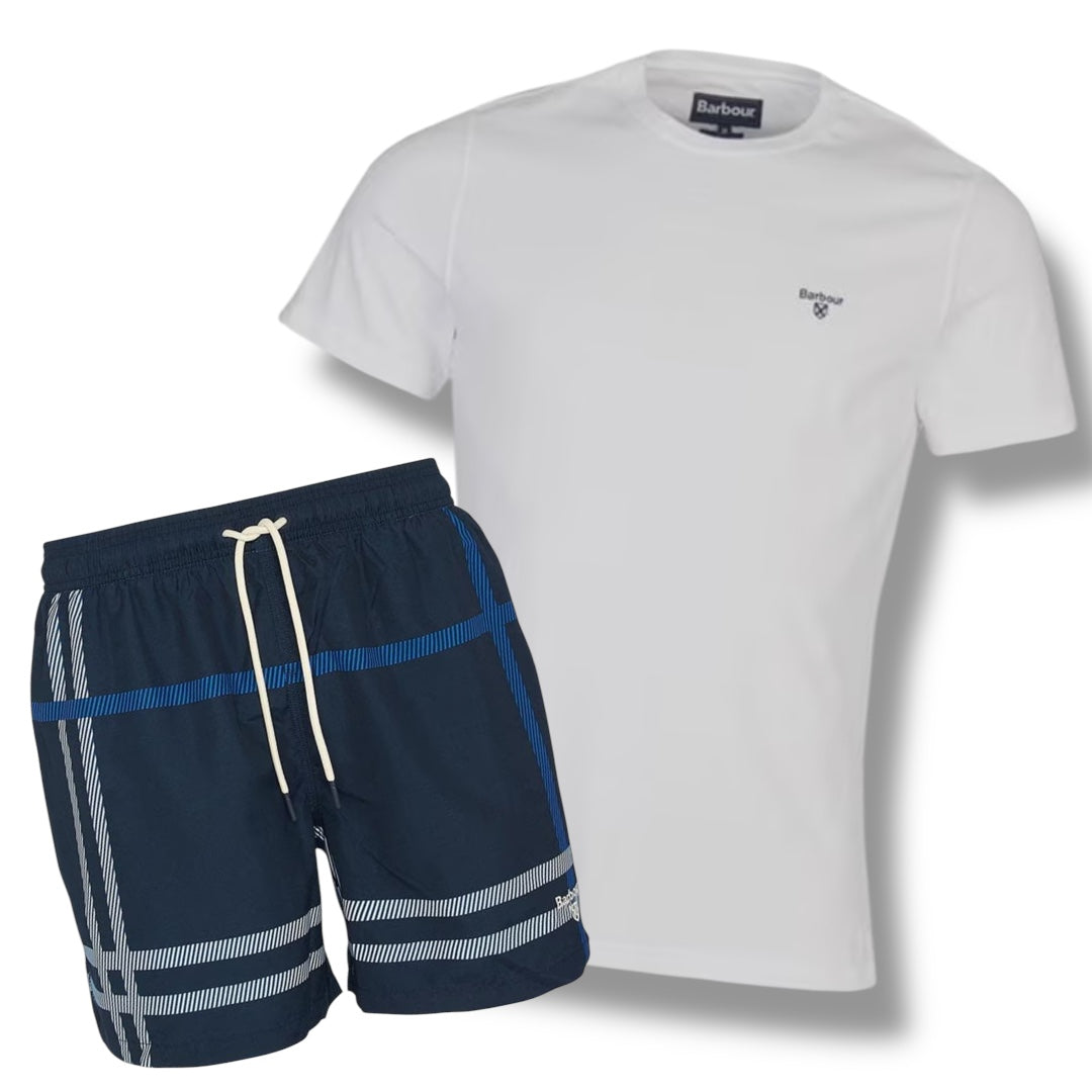 BARBOUR SMALL LOGO T-SHIRT & SWIM SHORTS COMBO WHITE - NAVY CHECK
