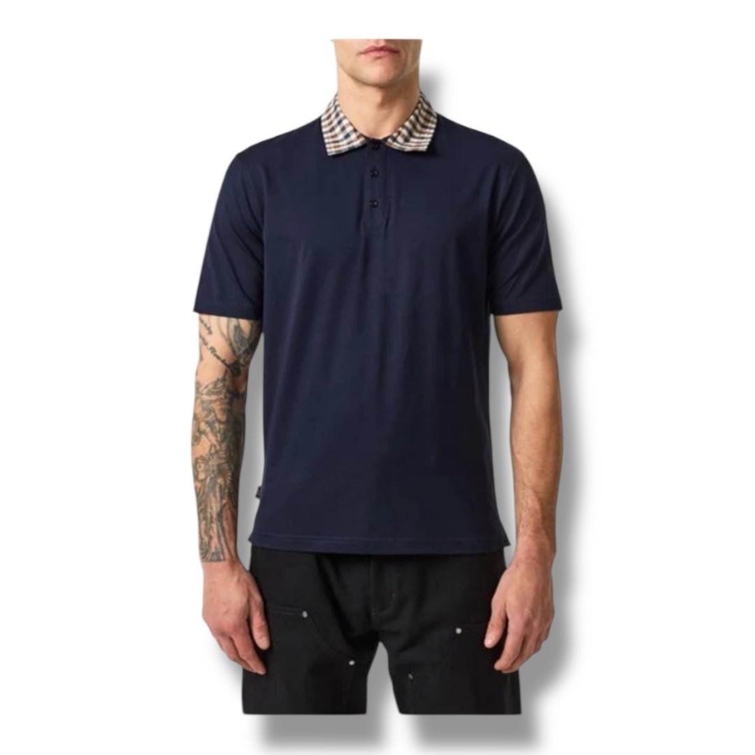 AQUASCUTUM CHECK COLLAR POLO SHIRT NAVY BLUE