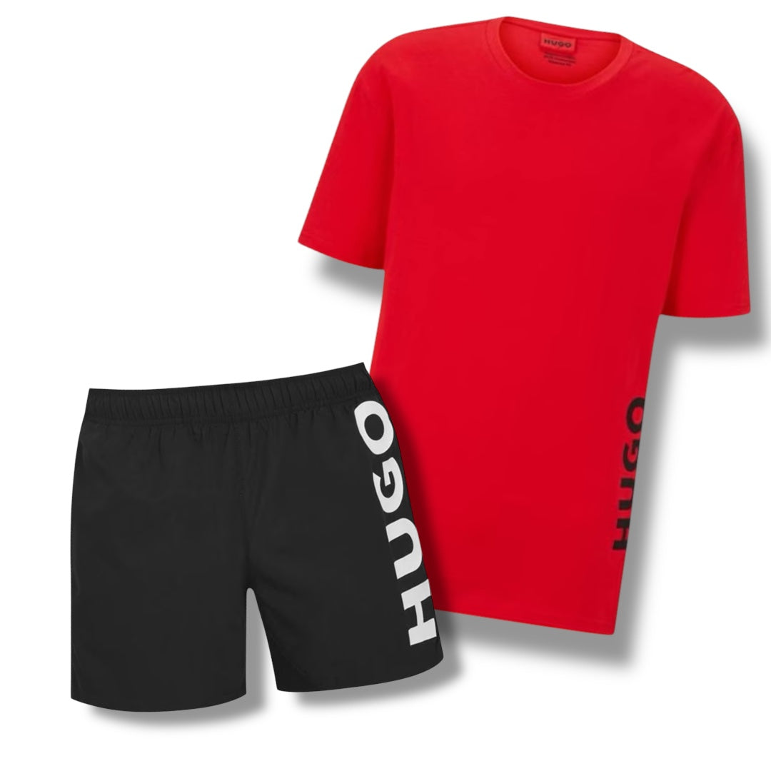 HUGO VERTI LOGO T-SHIRT & VERTI SWIM SHORTS COMBO RED / BLACK