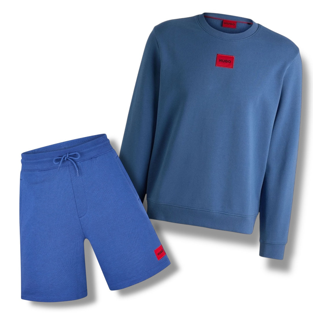 HUGO BOSS HUGO RED PATCH SWEATSHIRT & JERSEY SHORTS SET BLUE