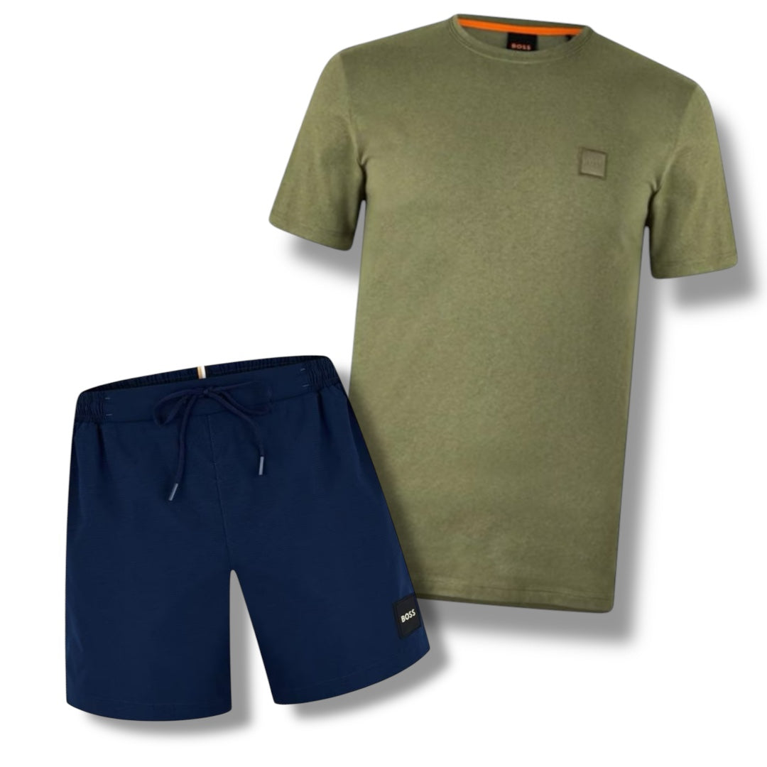 HUGO BOSS PATCH LOGO T-SHIRT & SWIM SHORTS COMBO KHAKI / NAVY BLUE